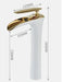 Elegant Waterfall Basin Mixer Faucet in white and gold with dimensions, featuring a modern design and premium brass construction.