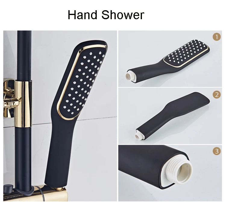 Black hand shower with chrome accents, durable design, and multi-angle views. Ideal for modern bathrooms.