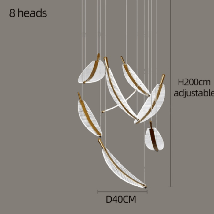 Modern Feather LED Chandelier with 8 adjustable heads, energy-efficient lighting, elegant aluminium and acrylic design.