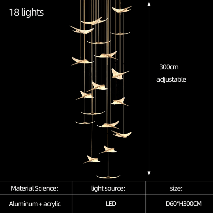 Modern LED Seagull Chandelier with 18 adjustable lights, aluminum and acrylic, 300cm height, ideal for diverse room settings.