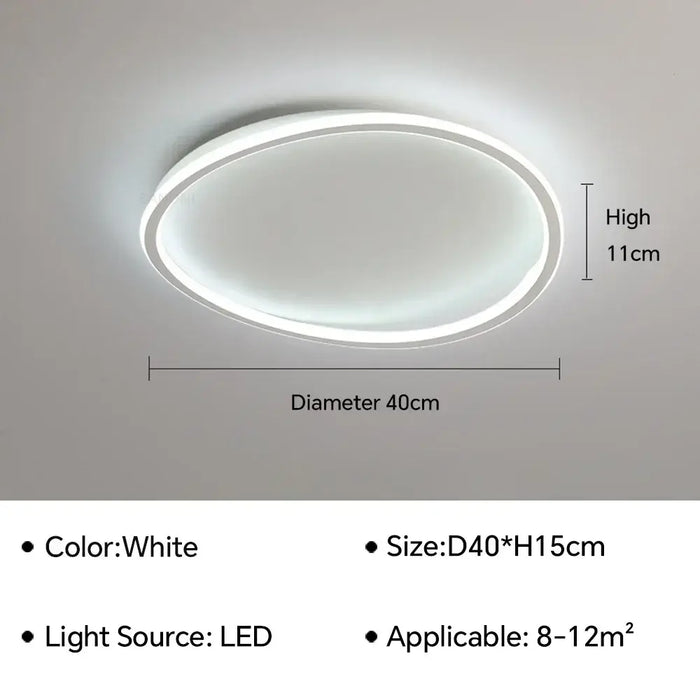 Modern LED ceiling flush mount lamp in white, diameter 40cm, height 15cm, suitable for 8-12sqm rooms, elegant and minimalist design.