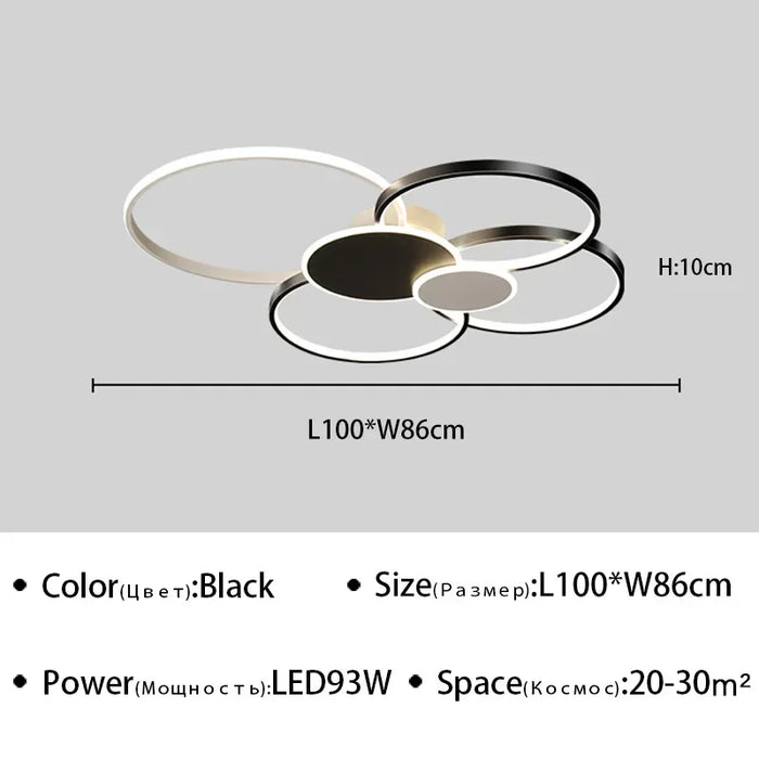 Minimalist overlapping circular ceiling light in black, LED 93W, dimensions L100*W86*H10cm, ideal for spaces 20-30m².