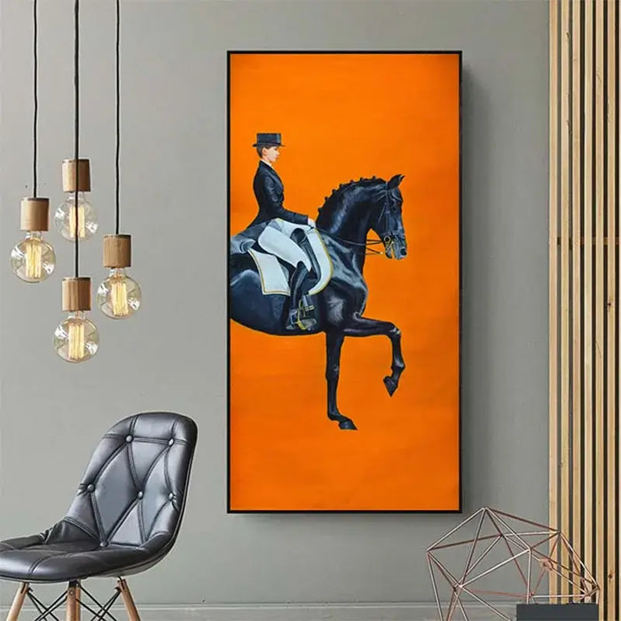 Elegant equestrian artwork on vivid orange canvas displayed in a modern living room setting.