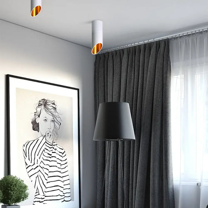 Modern LED surface tube ceiling light in stylish room with artwork and lamp.