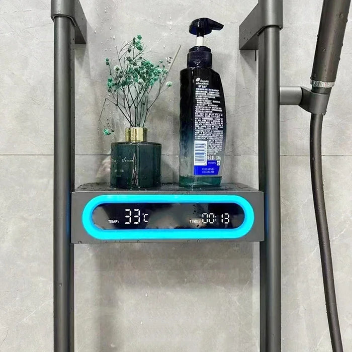 High-end shower set with round LED display showing temperature and time, featuring a sleek design and brass mixer.