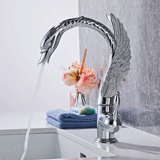 Luxury Swan Basin Mixer with flowing water, elegant silver swan design, stylish addition to modern bathroom decor.