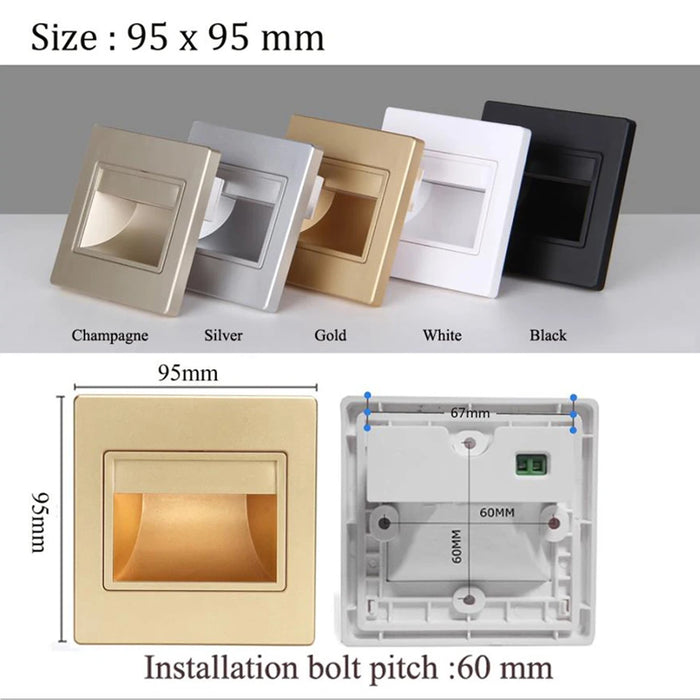 "Recessed LED Stai Walkway Lights in Champagne, Silver, Gold, White, Black; Dimensions 95x95mm, 60mm Installation Bolt Pitch"