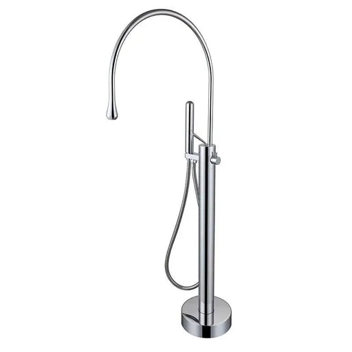 Modern freestanding bathtub mixer with shower handle and rotatable spout in polished chrome finish.