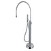 Modern freestanding bathtub mixer with shower handle and rotatable spout in polished chrome finish.