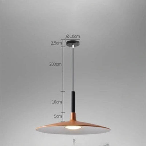 Modern Round Flat Dish Hanging Pendant Ceiling Light in aluminum, showcasing contemporary design with dimensions indicated.