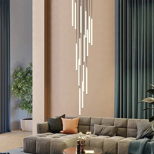 Modern LED tube ceiling chandelier in living room with sleek minimalist design and ambient lighting.