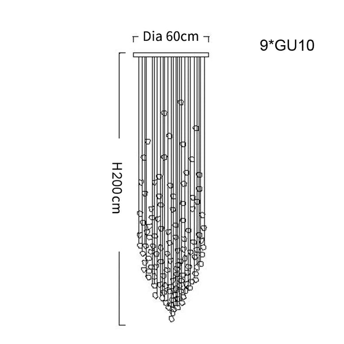 Luxury Crystal Stone Grand Chandelier sketch with dimensions 60cm diameter and 200cm height, featuring 9 GU10 LED bulbs.