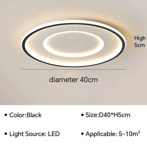 Geometric modern LED ceiling lamp in black, diameter 40cm, height 5cm, suitable for 5-10m² rooms, LED light source.