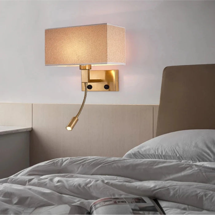 Modern bedside wall lamp with USB port and spotlight, enhancing bedroom decor and functionality with elegant design.