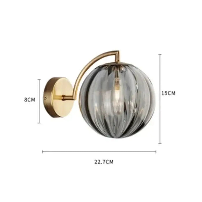 Nordic Glass Ball Wall Lamp, modern design, elegant lighting fixture with dimensions, brass finish, perfect for contemporary interiors.