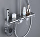 Luxury chrome shower system with bidet spout and controls, featuring skincare products on shelf.