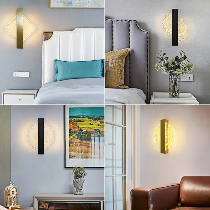 Luxurious Gold Foil Acrylic LED Wall Lamp in Various Interior Settings, Modern Nordic Design with High-Quality Aluminum and Acrylic Finish