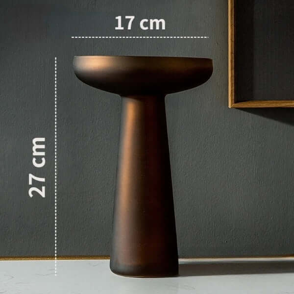 Elegant frosted glass vase with measurements of 17 cm width and 27 cm height against a dark background.