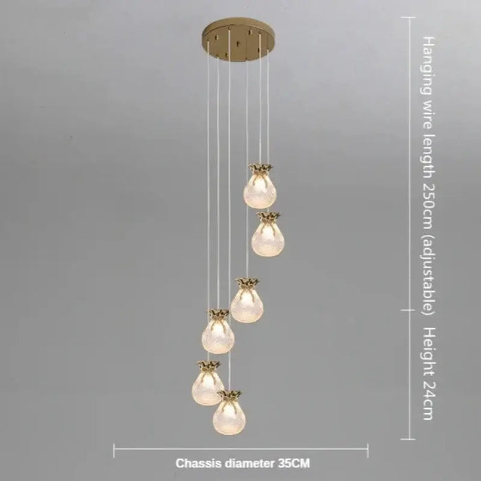 Nordic Luxury Lucky Bag Chandelier with adjustable hanging wires and six elegant LED lights, ideal for high ceilings.