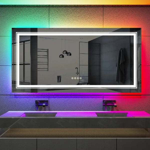 RGB full-body bathroom mirror with dimmable LED lighting and defogging feature on wall above double sink vanity.