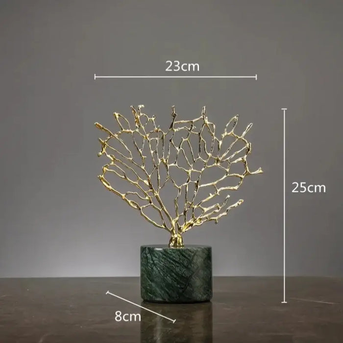 Golden coral reef ornament on marble base with dimensions of 23cm width, 25cm height, and 8cm base diameter.