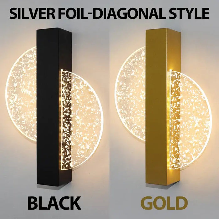 Silver foil LED wall lamps in black and gold, diagonal style, featuring modern Nordic design for upscale interiors.