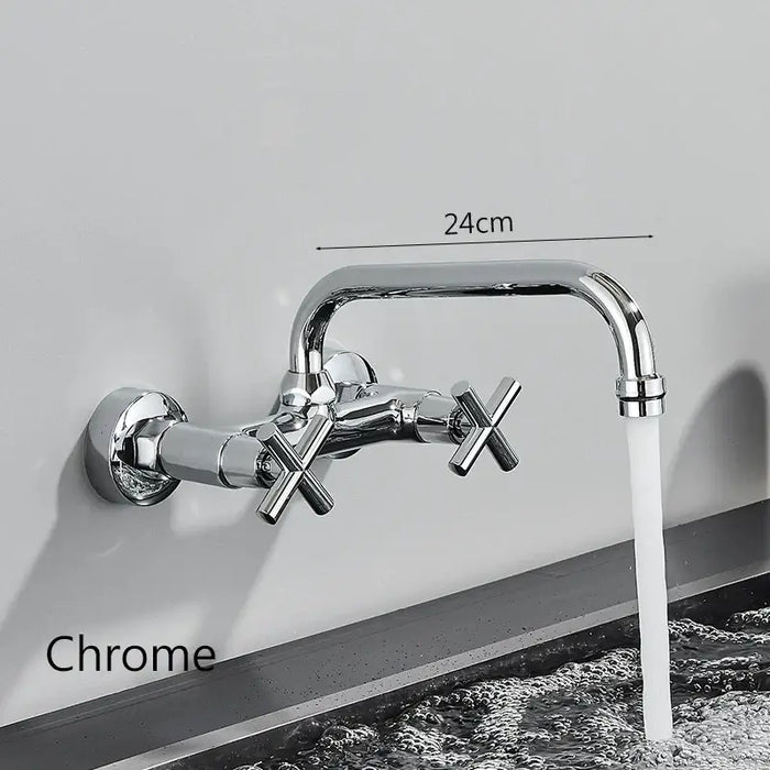 Chrome Elite Kitchen Wall-Mount Mixer Tap with double handles and 360-degree spout.