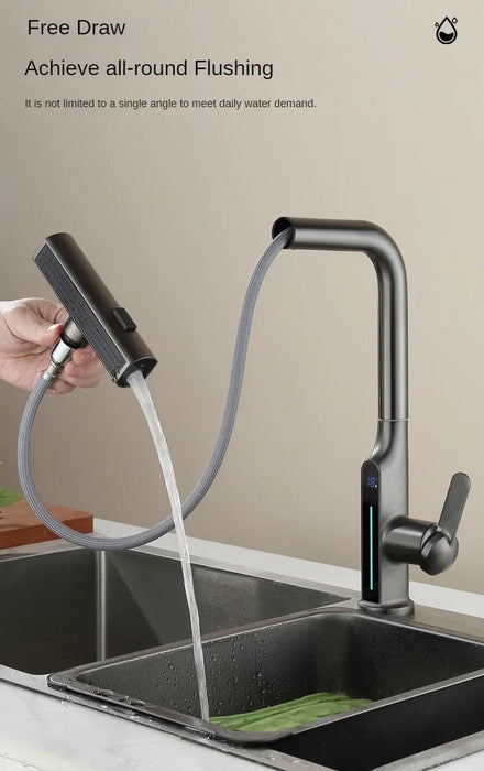 "Hydroelectric kitchen faucet with LED temperature display and flexible hose demonstrating versatile water outlet modes."