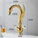 Gold Swan Basin Faucet with detailed dimensions, featuring a luxurious brass finish and swan-shaped design for elegant bathrooms.