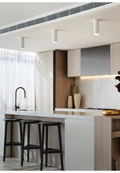 Modern kitchen with long tube LED ceiling lamps, white countertops, and wooden accents for artful interior design.