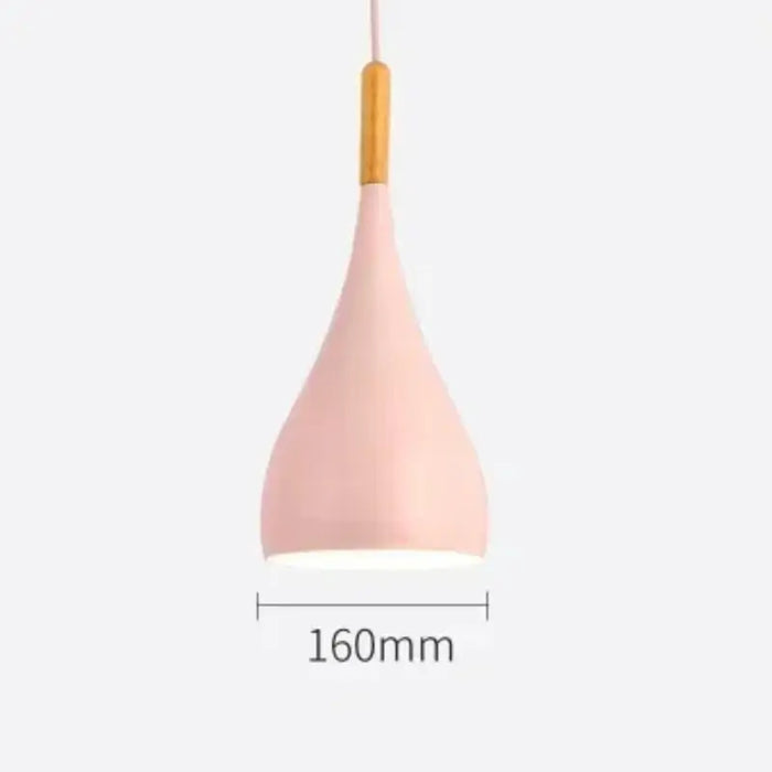 Modern Nordic teardrop wood pendant light with pink shade and natural wood handle, ideal for minimalist interiors.