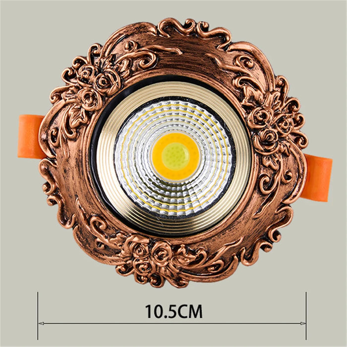 European retro bronze LED COB downlight with ornate design, 10.5cm diameter, efficient lighting for versatile voltage installations.