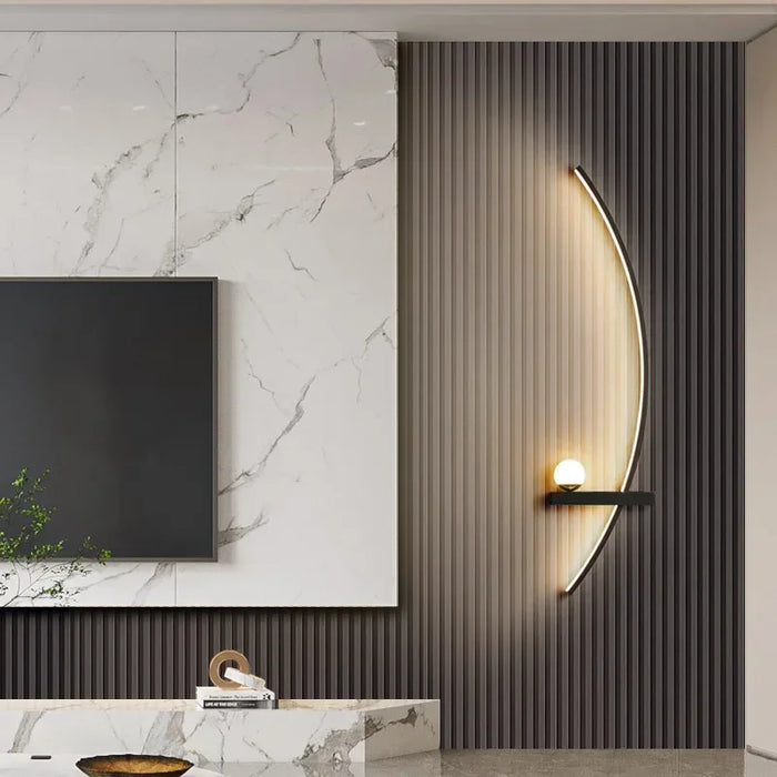 Elegant line wall light with adjustable LED for customizable brightness, mounted on modern wall panel in a stylish living room setting.