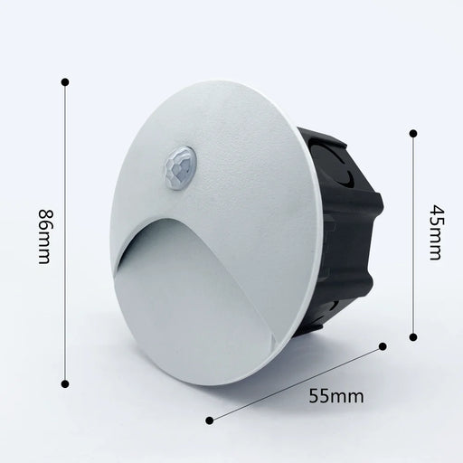 Recessed LED motion sensor wall lamp with dimensions 86mm x 45mm x 55mm, featuring smart light control and durable aluminum construction.