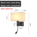 Modern bedside wall lamp with USB port and spotlight, black body, beige lampshade, dimensions labeled for easy installation.