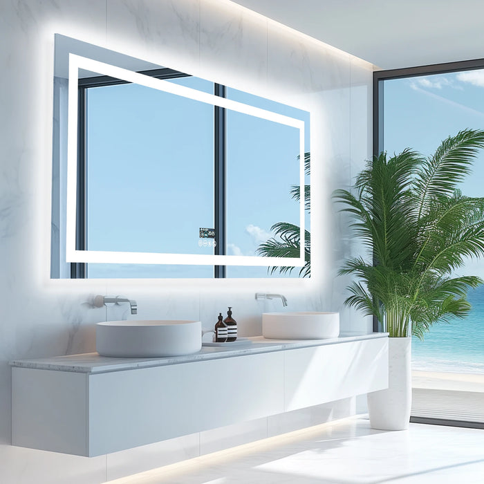 Modern bathroom with smart LED vanity mirror, featuring Bluetooth and dimmable lights, reflecting ocean view and palm decor.