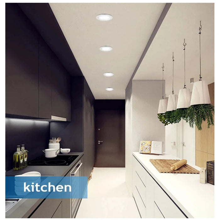 Modern kitchen with ultra-thin DC LED downlights on ceiling, showcasing sleek and stylish recessed spotlight lighting.