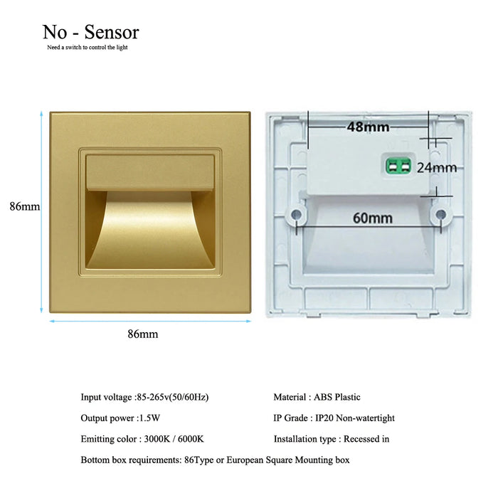 Gold recessed LED stair walkway light with dimensions, voltage 85-265V, IP20 rating, 3000K/6000K emitting colors, ABS plastic material