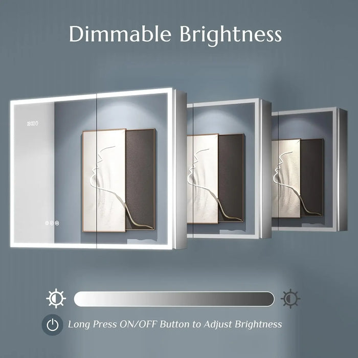 LED bathroom mirror cabinet showcasing dimmable brightness control with touch switch for customizable lighting ambiance.