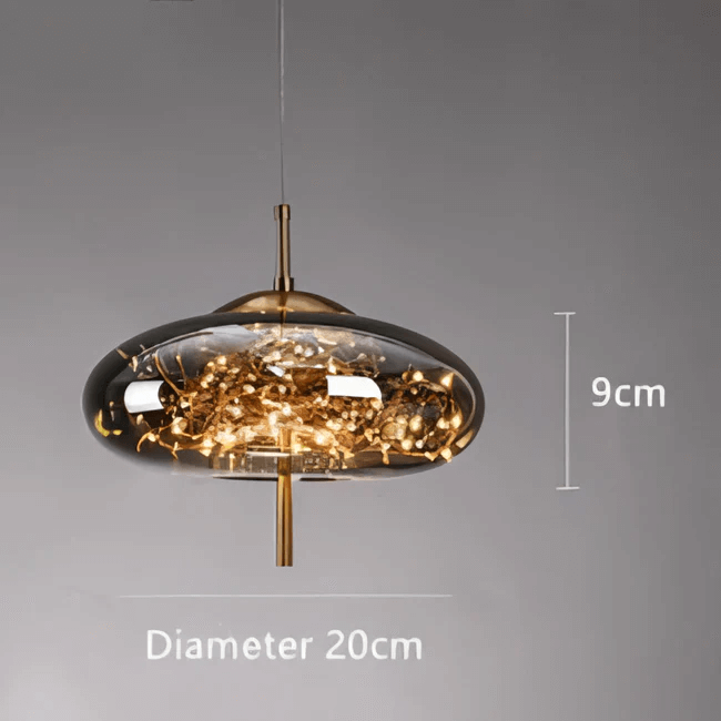 Starburst Glass Dome Pendant Light with burst effect, 20cm diameter, 9cm height, emits warm glow, certified for safety and quality.