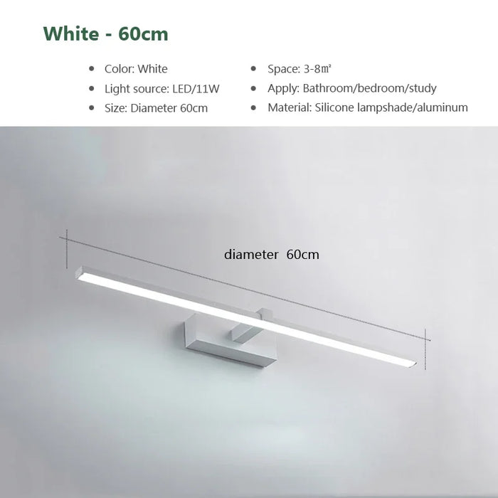 Modern LED wall light in white, 60cm, ideal for bathroom or study, aluminum and silicone material, sleek design for small spaces.