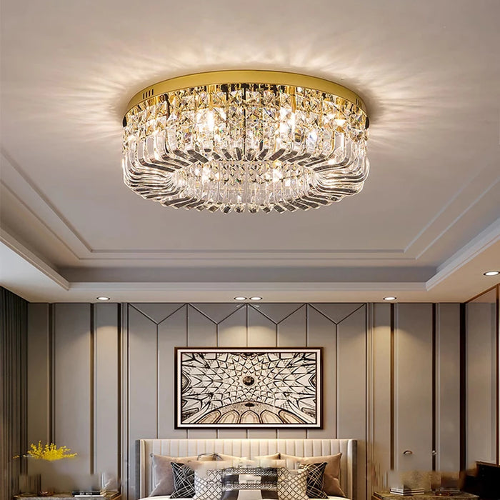 Luxury modern crystal round ceiling chandelier illuminating an elegant bedroom with premium design and customizable brightness