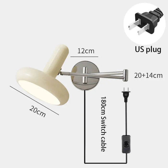 Retractable bedside wall lamp with US plug showing measurements and 180cm switch cable for bedroom and study use