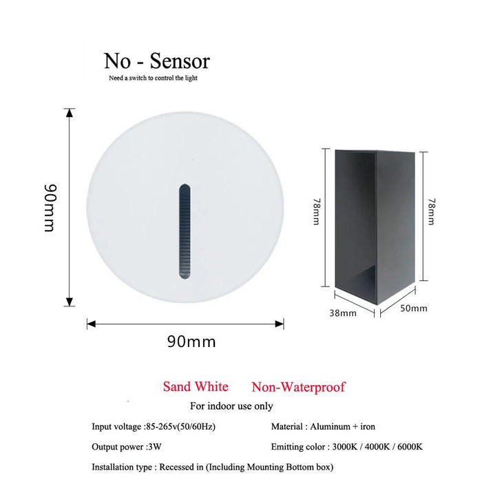 "Sand White Step Light Dimensions and Specifications, No Sensor, Indoor Use, Aluminum and Iron, 3000K/4000K/6000K Emitting Colors"