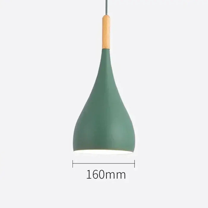 Nordic Teardrop Wood Pendant Light with Green Aluminum Shade and Wood Accent, 160mm Diameter