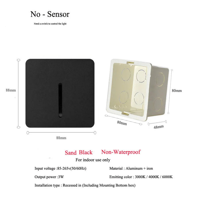 No-sensor step light, black, non-waterproof, dimensions 88x88mm, for indoor use, aluminum and iron construction.