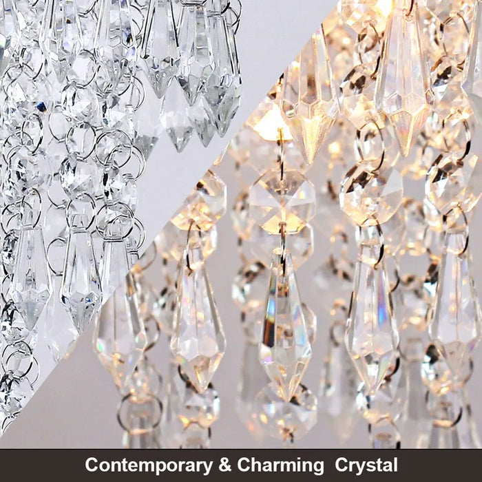 Contemporary three-tier crystal chandelier with elegant lighting beads showcasing intricate design and charm.