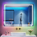 RGB LED vanity mirror with 8 backlight colors, 3 front light settings, anti-fog function, shown in a modern bathroom setting.