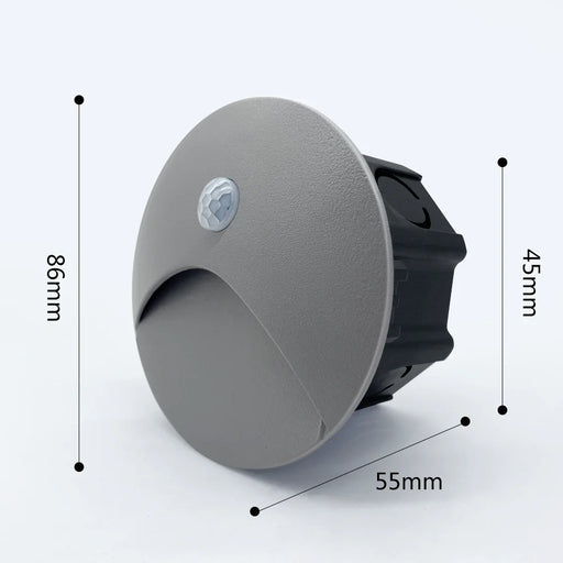 Recessed LED motion sensor wall lamp with dimensions labeled, featuring a durable aluminum construction and modern design.