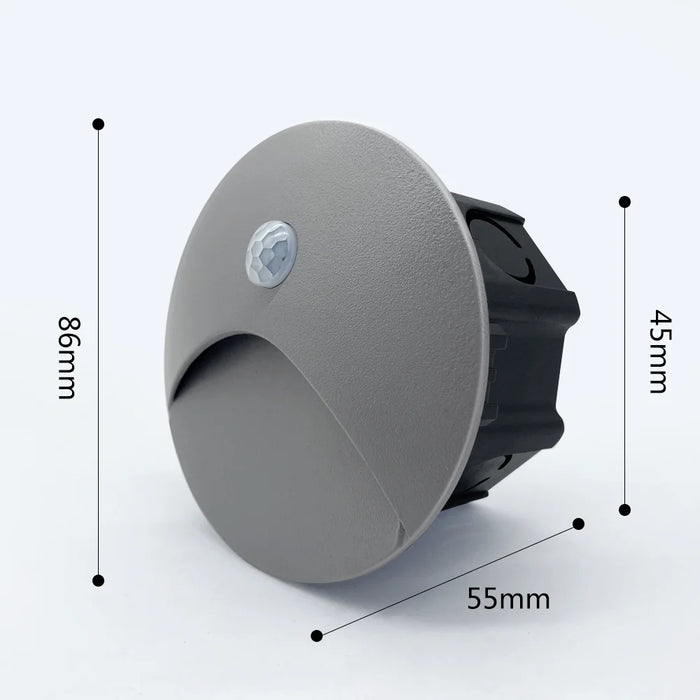 Recessed LED motion sensor wall lamp with dimensions labeled, featuring a durable aluminum construction and modern design.